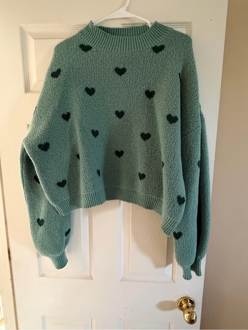 Mint Green Heart-Print Crewneck Sweater